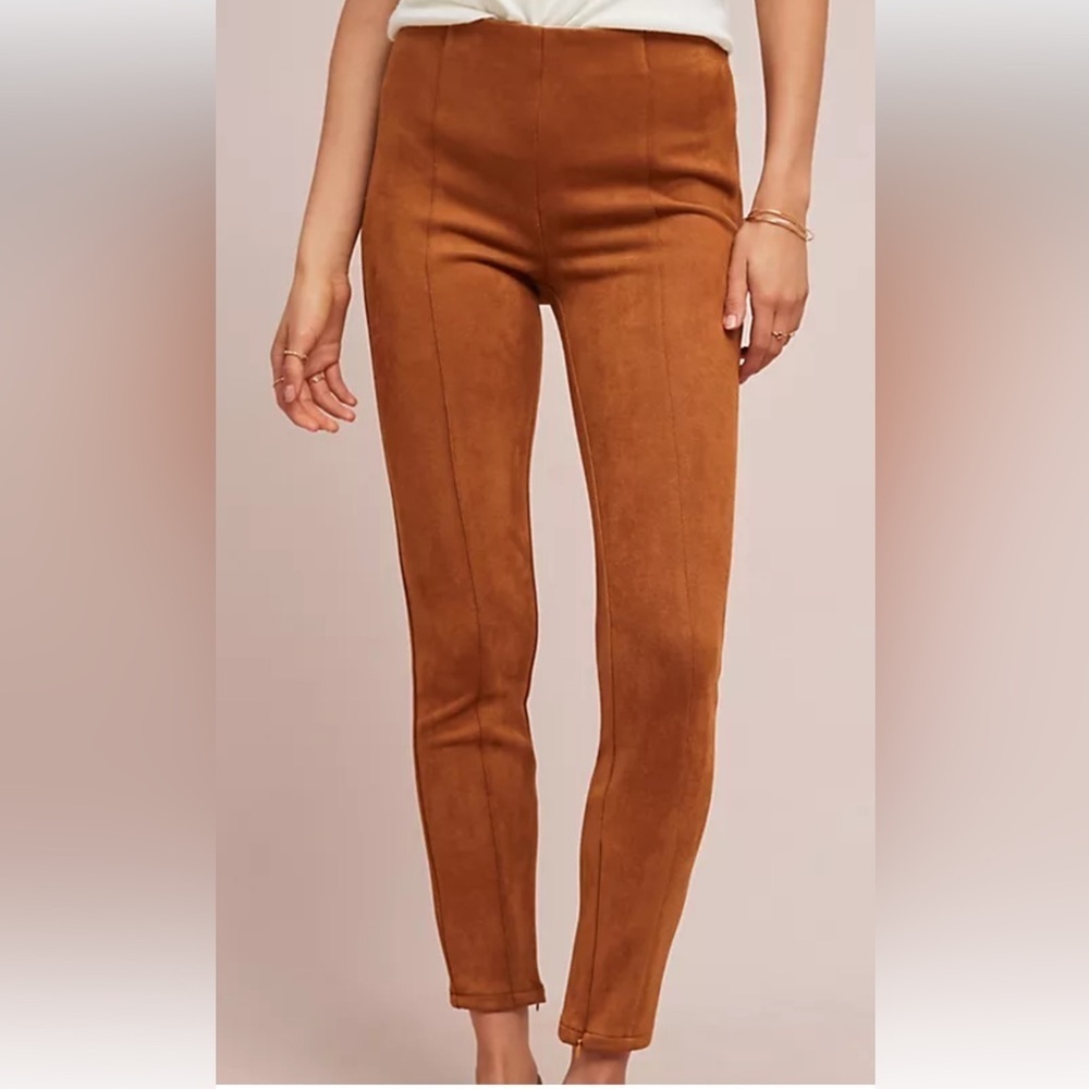 By‎ Anthropologie - Camel Brown Faux Suede Skinny Pull On Pants Zip Hems,Size 27